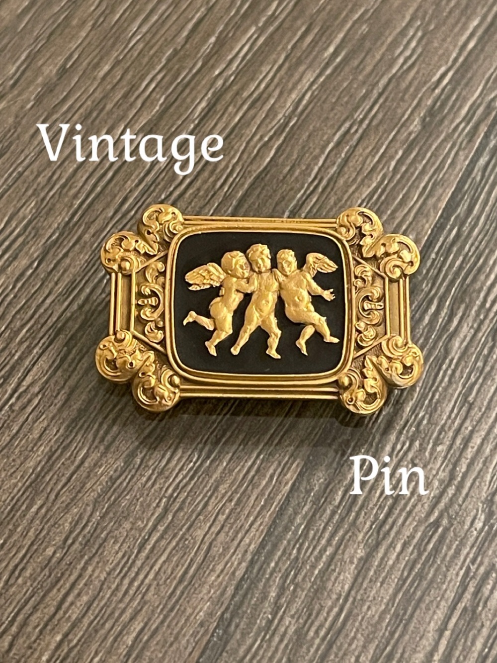 Neo-Classical Ornate Goldtone Dancing Cherub Angels Black Enamel Rectangular Pin